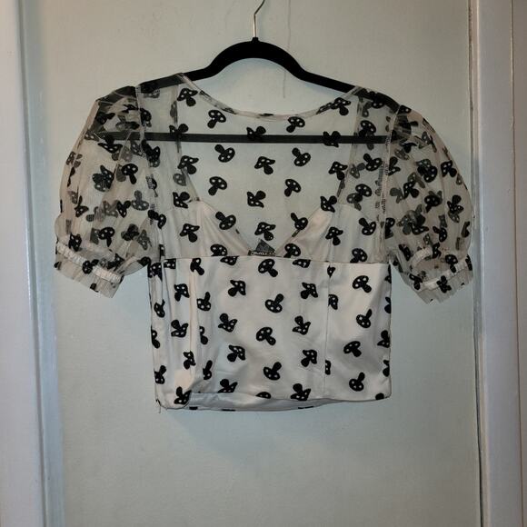 NWT Mushroom Glitter Mesh Womens Top Puff Sleeve Hot Topic Size M Sheer Groovy - Picture 4 of 8